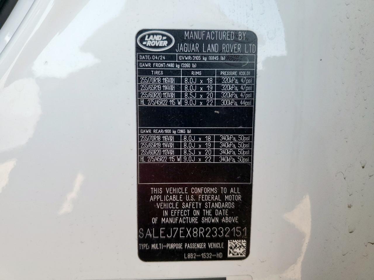 2024 Land Rover Defender 110 S VIN: SALEJ7EX8R2332151 Lot: 59149955