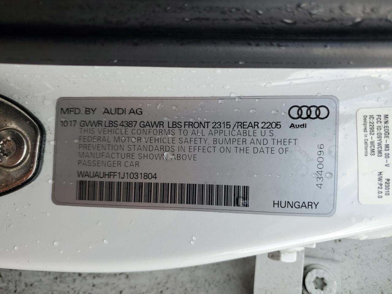2018 Audi A3 Premium VIN: WAUAUHFF1J1031804 Lot: 62876145