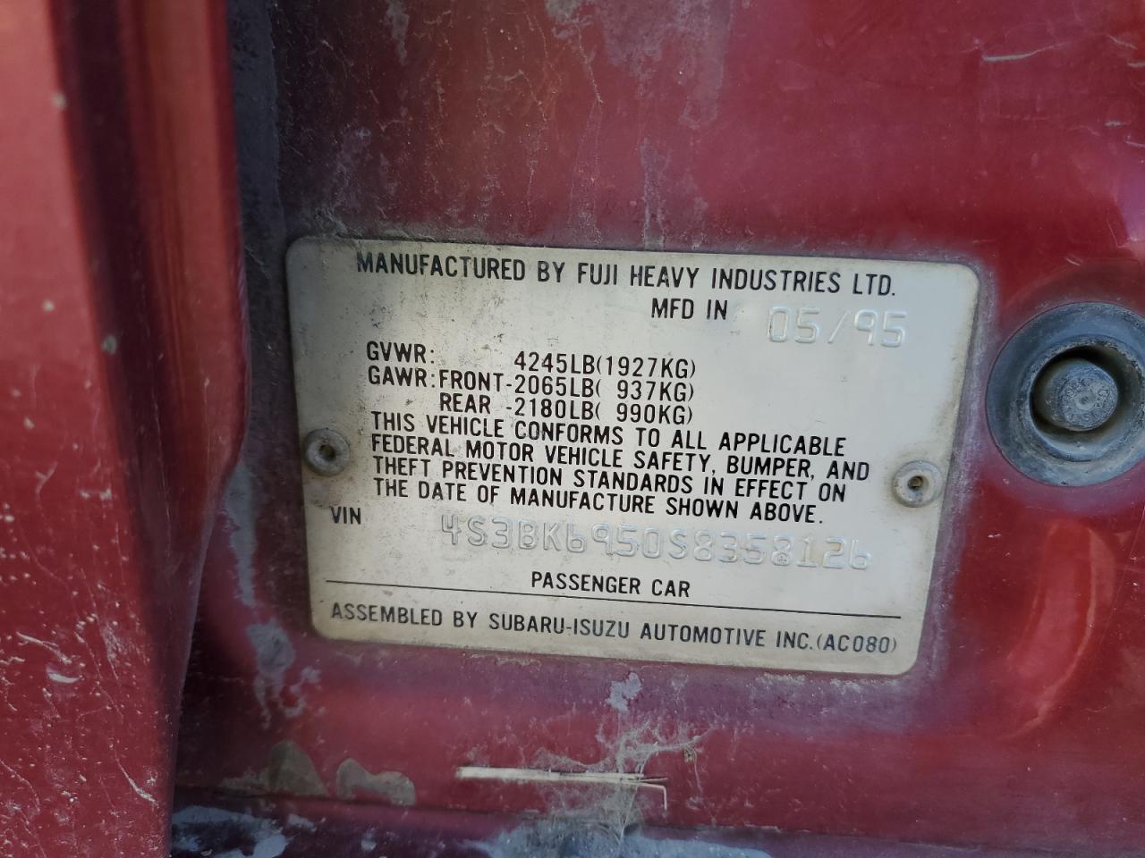 1995 Subaru Legacy Postal VIN: 4S3BK6950S8358126 Lot: 59931385