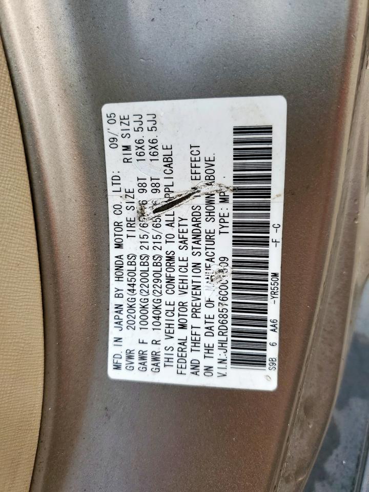 2006 Honda Cr-V Lx VIN: JHLRD68576C001509 Lot: 62905895