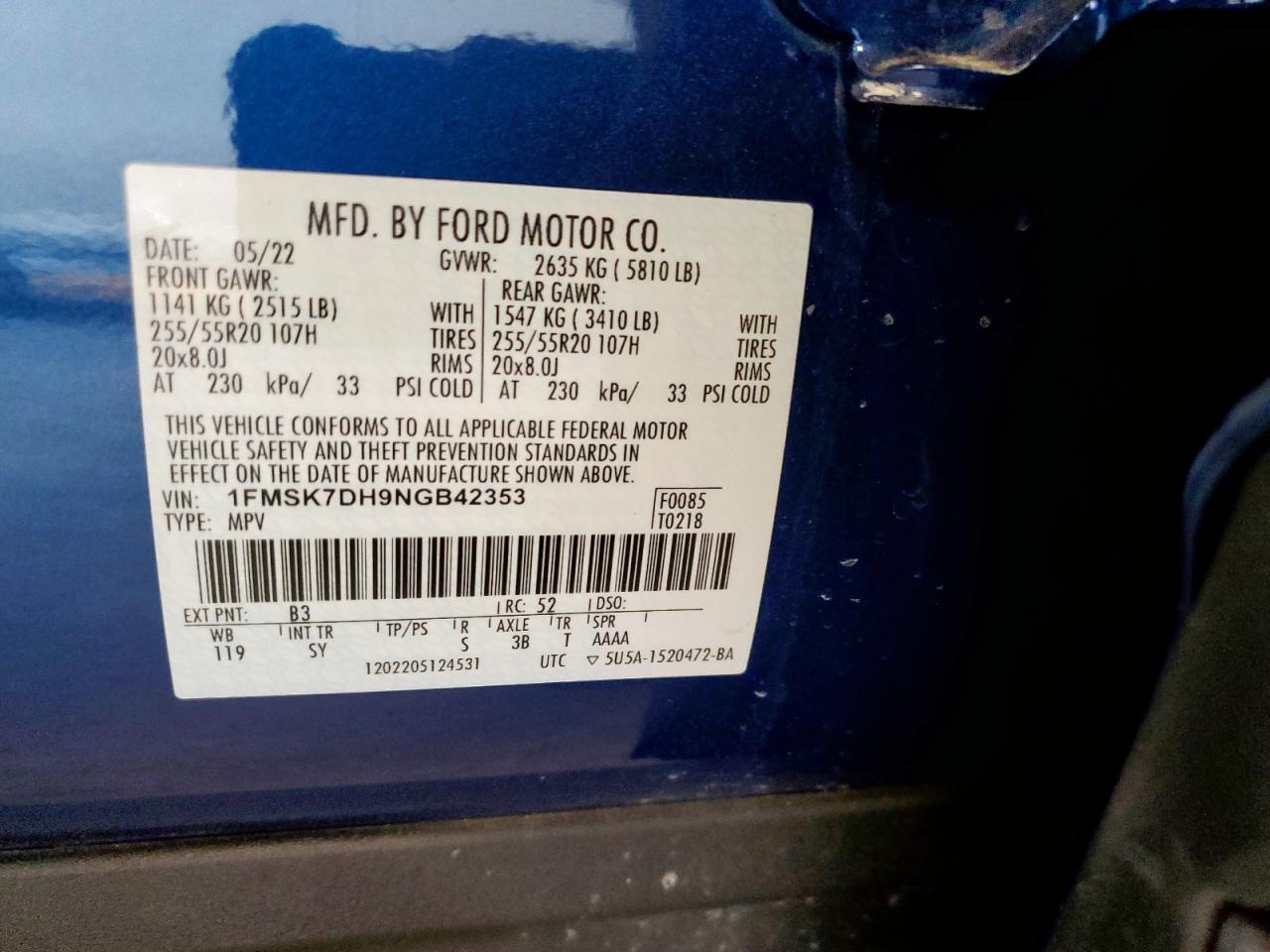 2022 Ford Explorer Xlt VIN: 1FMSK7DH9NGB42353 Lot: 62171845