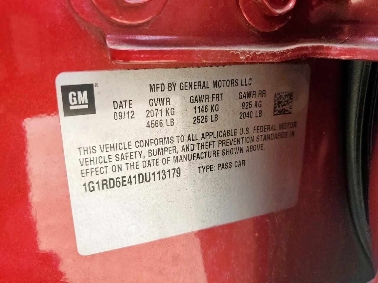 2013 Chevrolet Volt VIN: 1G1RD6E41DU113179 Lot: 61073935