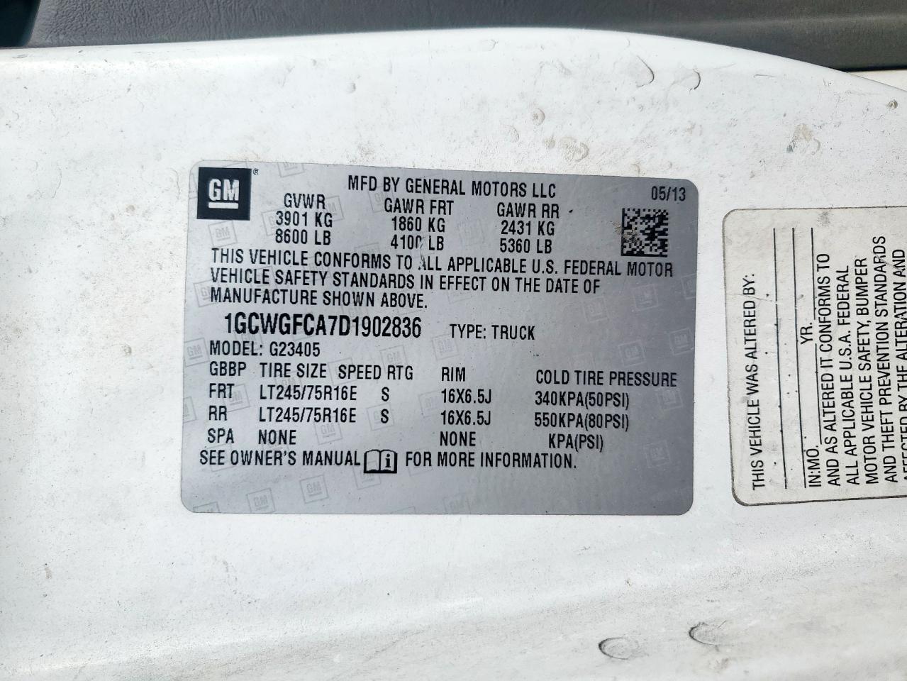 2013 Chevrolet Express G2500 VIN: 1GCWGFCA7D1902836 Lot: 62465655