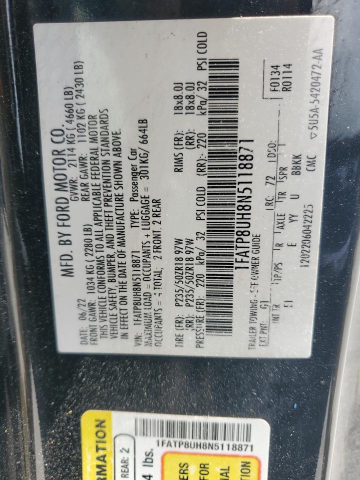 2022 Ford Mustang VIN: 1FATP8UH8N5118871 Lot: 62745435