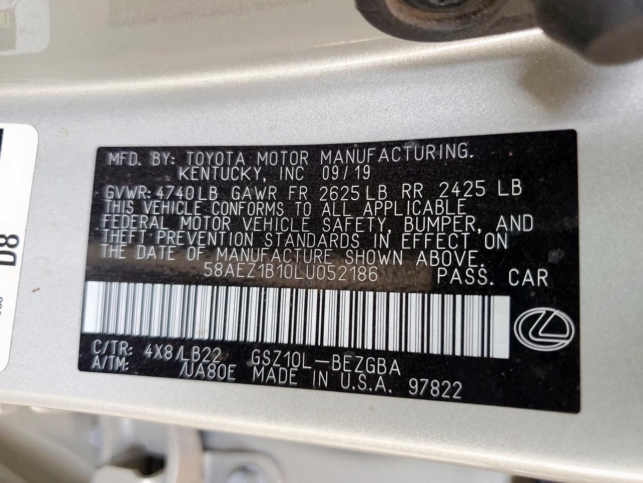 2020 Lexus Es 350 Luxury VIN: 58AEZ1B10LU052186 Lot: 61454745
