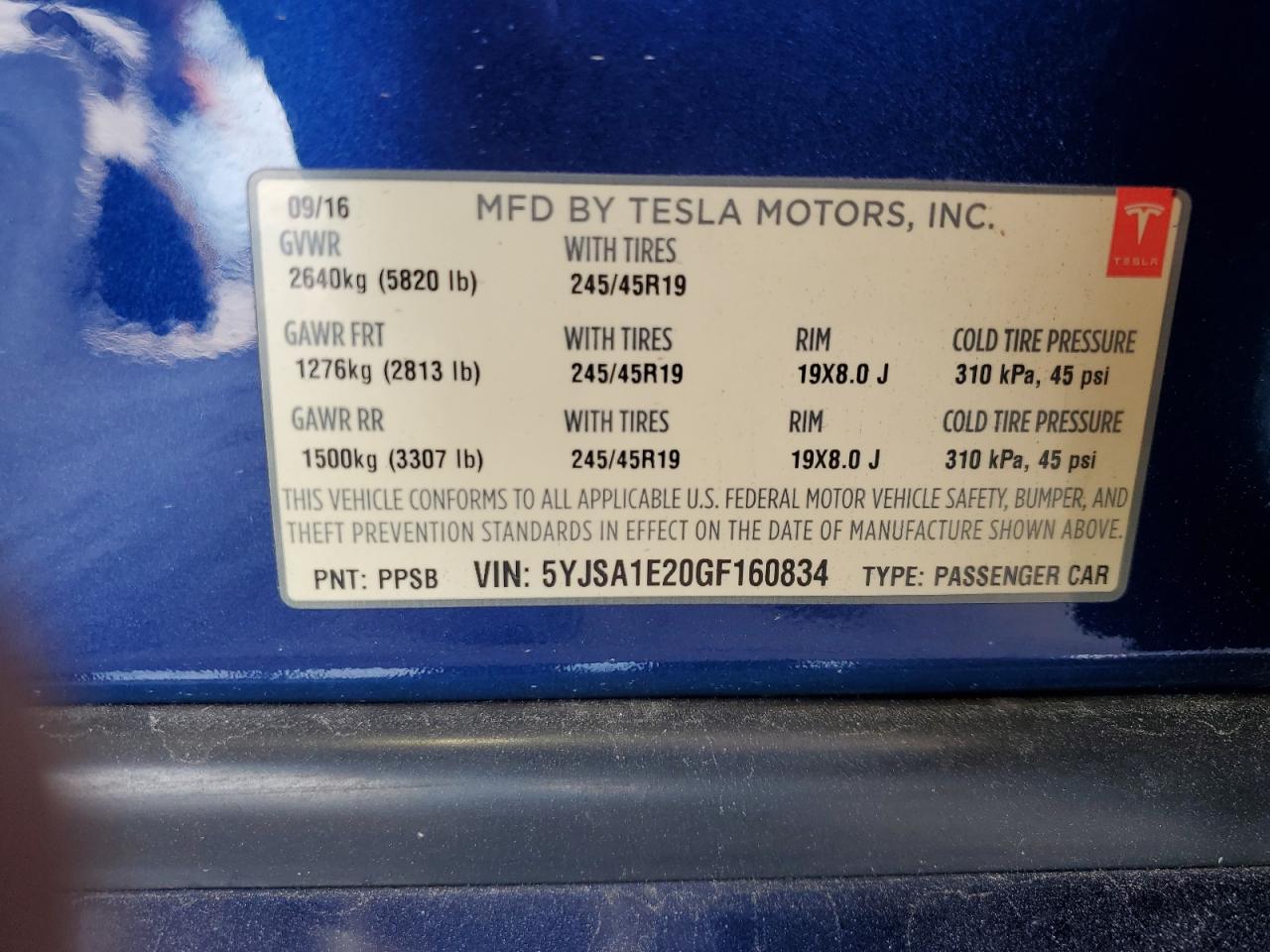 2016 Tesla Model S VIN: 5YJSA1E20GF160834 Lot: 61898505