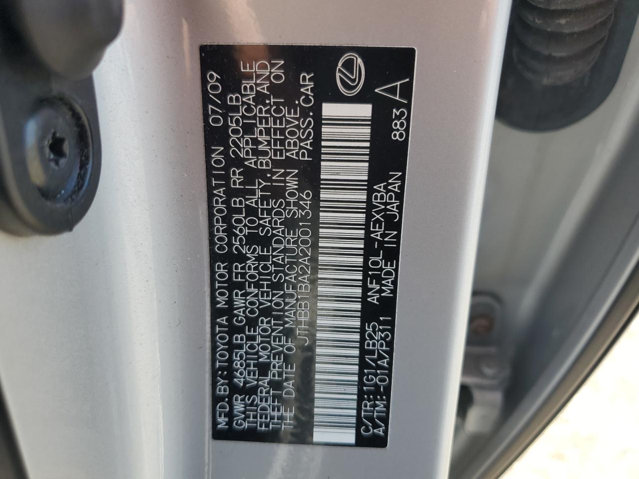 2010 Lexus Hs 250H VIN: JTHBB1BA2A2001346 Lot: 62875315