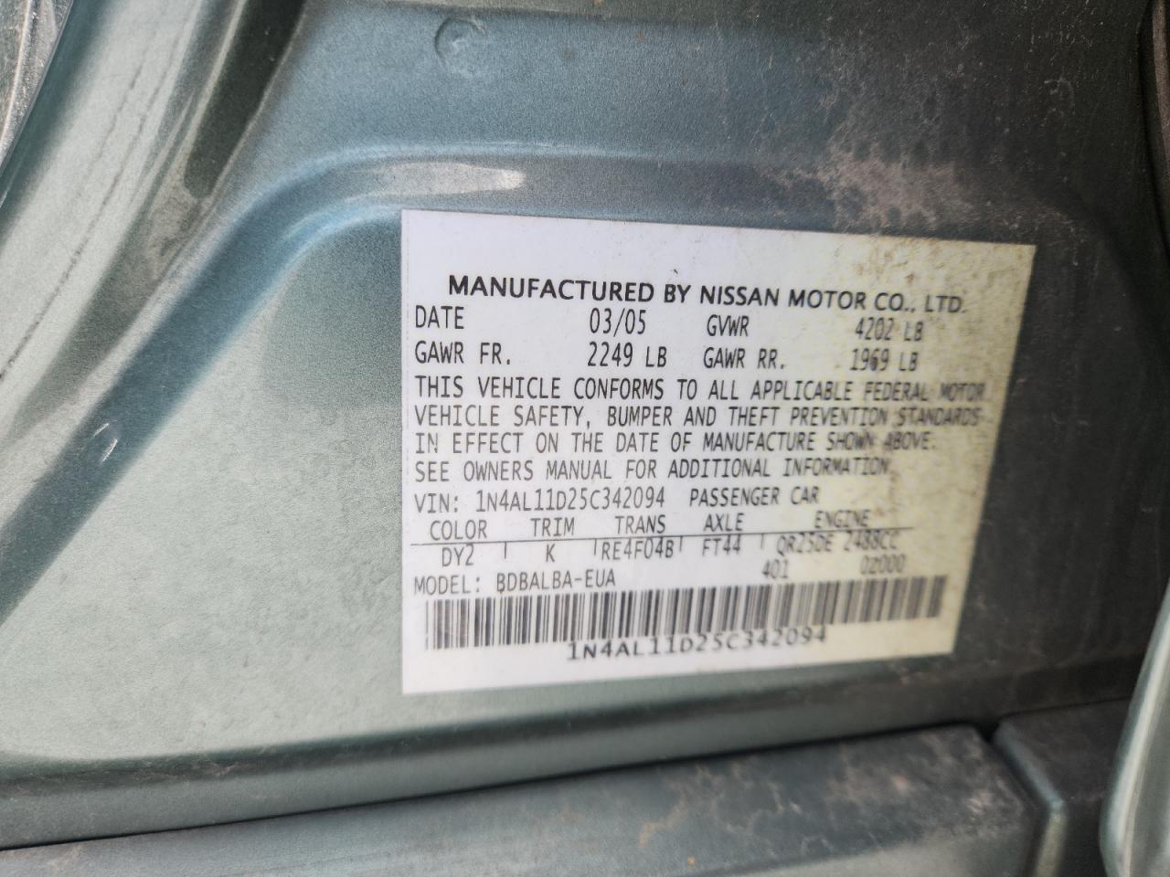 2005 Nissan Altima S VIN: 1N4AL11D25C342094 Lot: 60239775