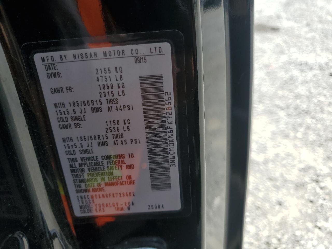 2015 Nissan Nv200 2.5S VIN: 3N6CM0KN8FK728562 Lot: 59657255