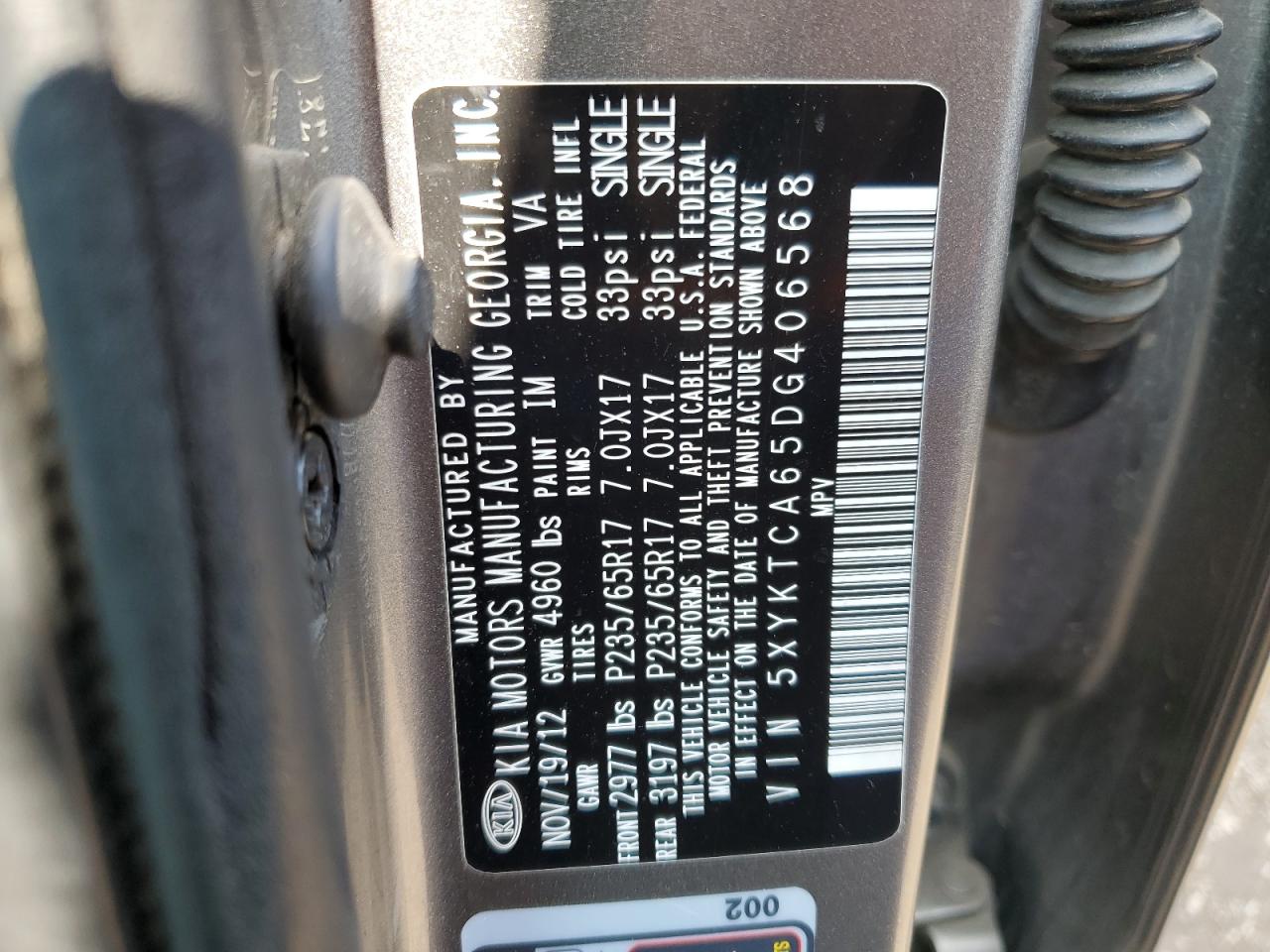 2013 Kia Sorento Lx VIN: 5XYKTCA65DG406568 Lot: 57246375