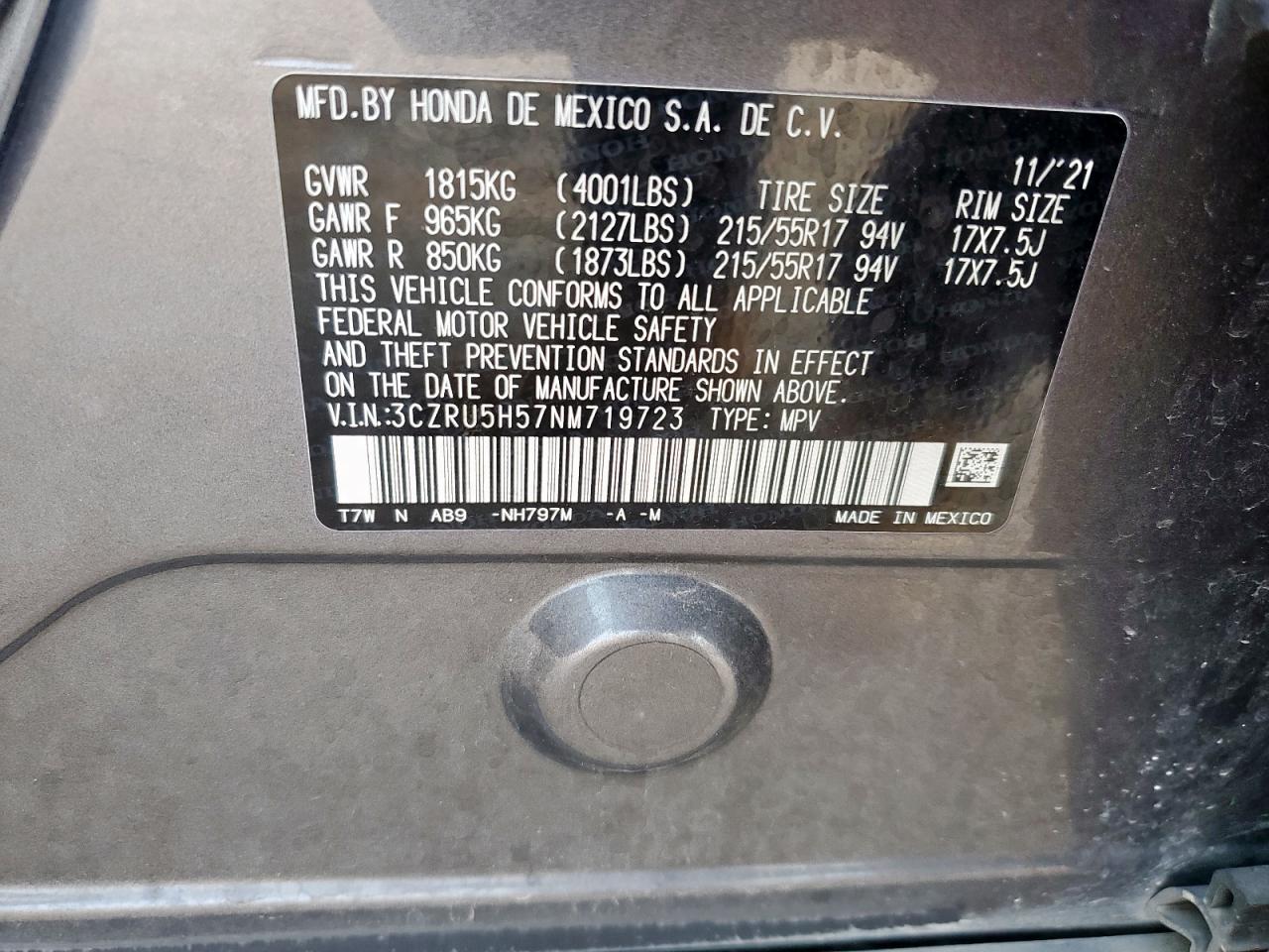 2022 Honda Hr-V Ex VIN: 3CZRU5H57NM719723 Lot: 60115885