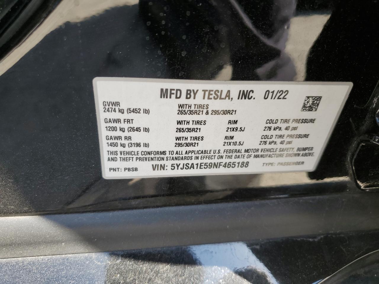 2022 Tesla Model S VIN: 5YJSA1E59NF465188 Lot: 62325475