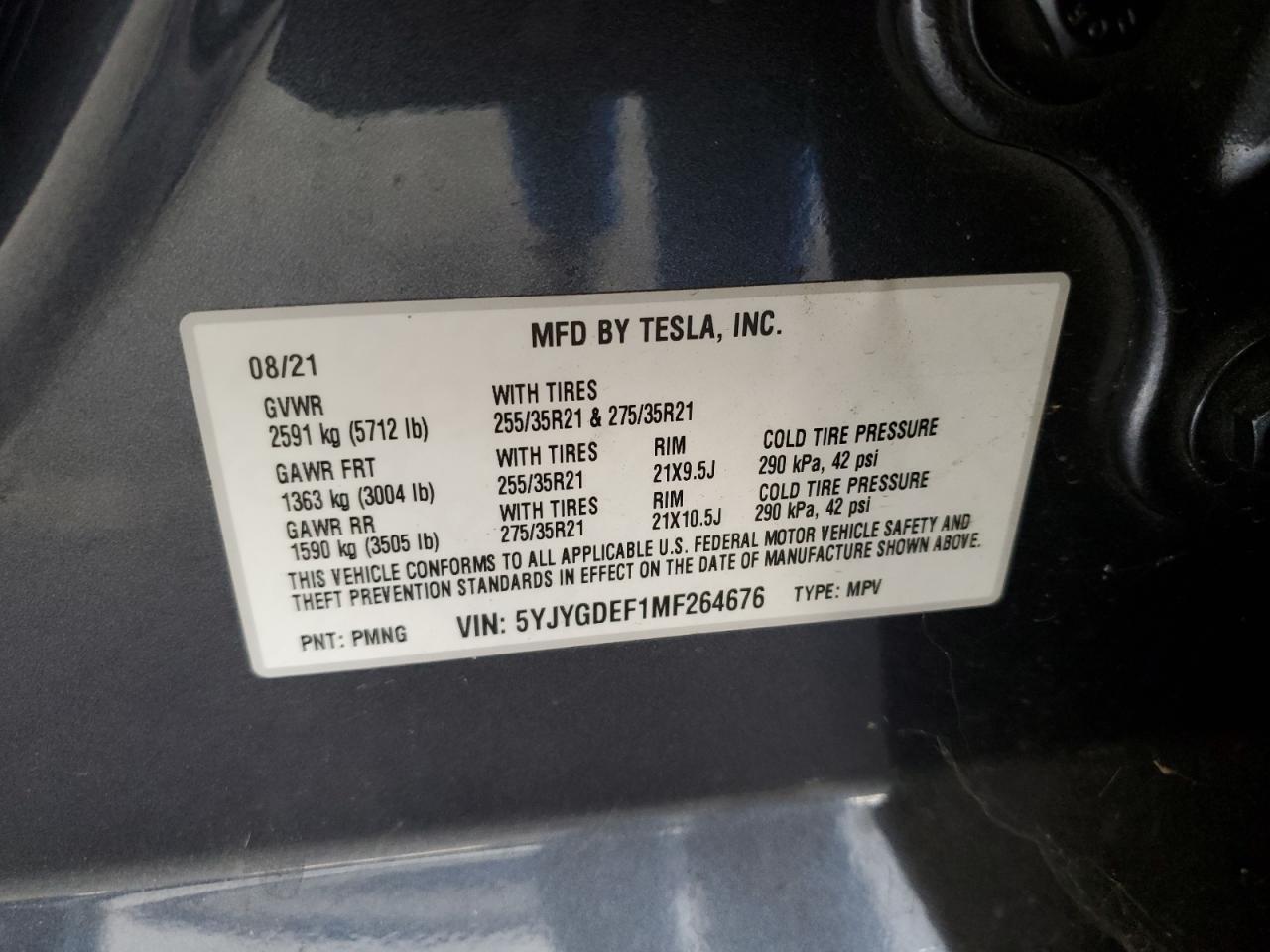 2021 Tesla Model Y VIN: 5YJYGDEF1MF264676 Lot: 61822185