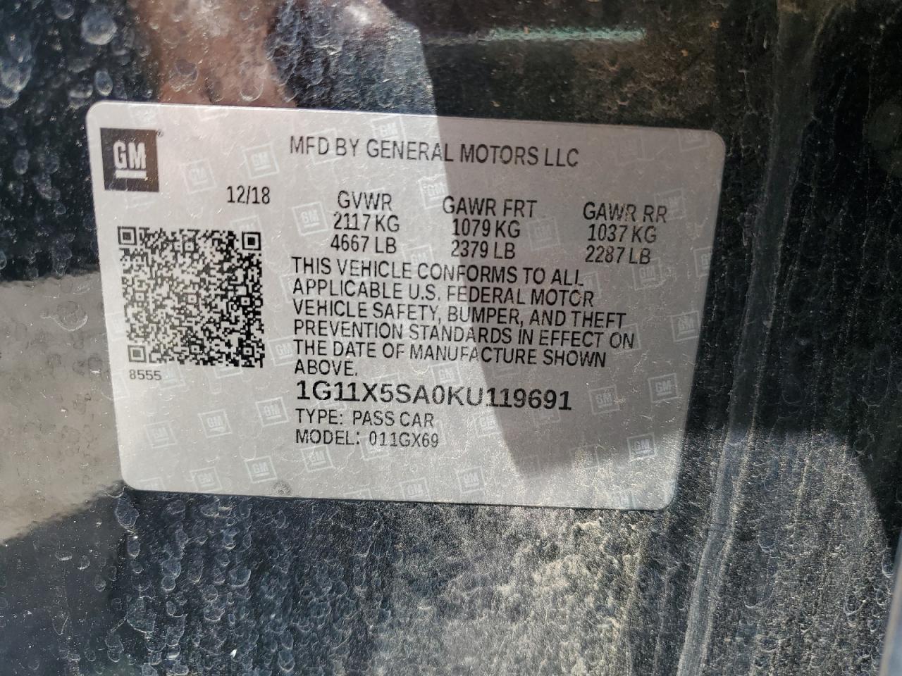 2019 Chevrolet Impala Ls VIN: 1G11X5SA0KU119691 Lot: 62927335