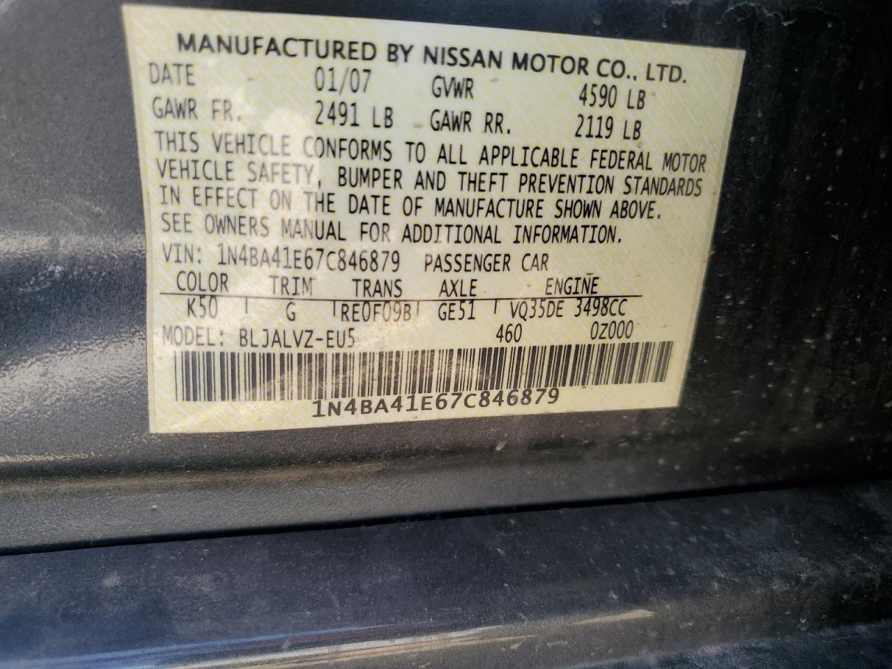 2007 Nissan Maxima Se VIN: 1N4BA41E67C846879 Lot: 58860435