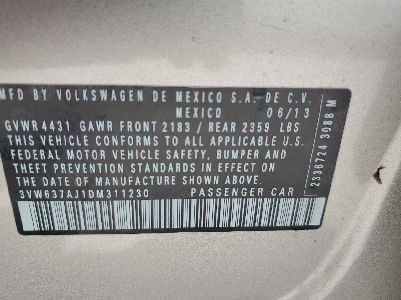 VOLKSWAGEN JETTA 2013 VIN 3VW637AJ1DM311230 фото 13