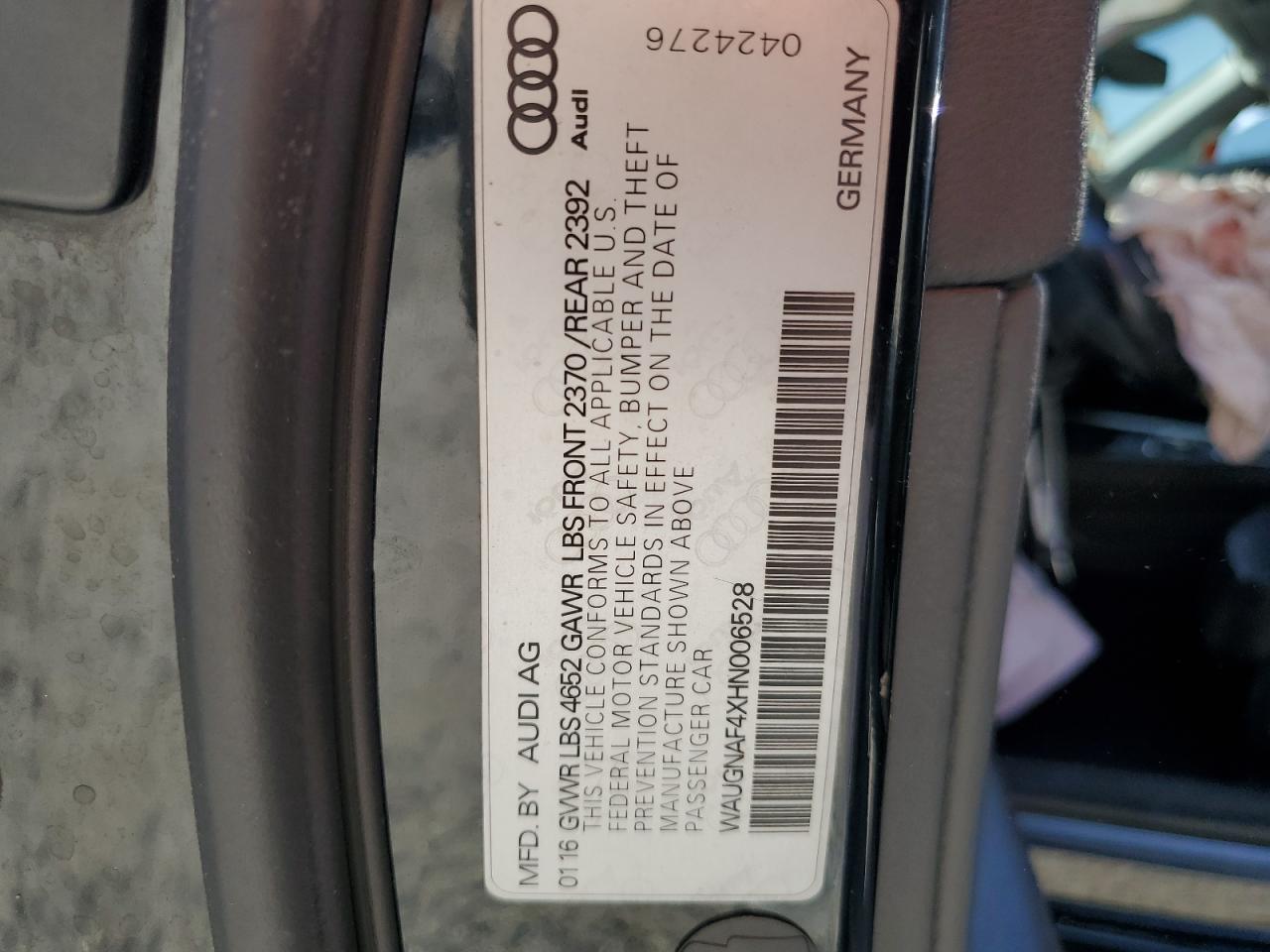 2017 Audi A4 Premium VIN: WAUGNAF4XHN006528 Lot: 62067795