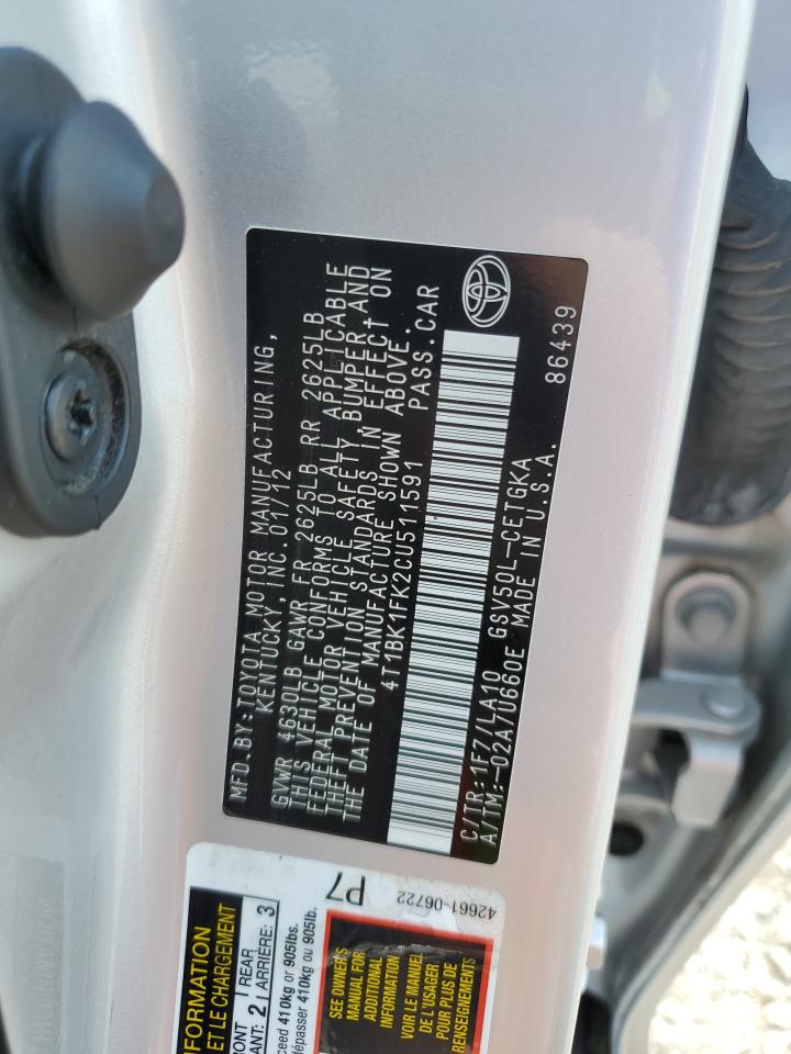 TOYOTA CAMRY 2012 VIN 4T1BK1FK2CU511591 фото 12