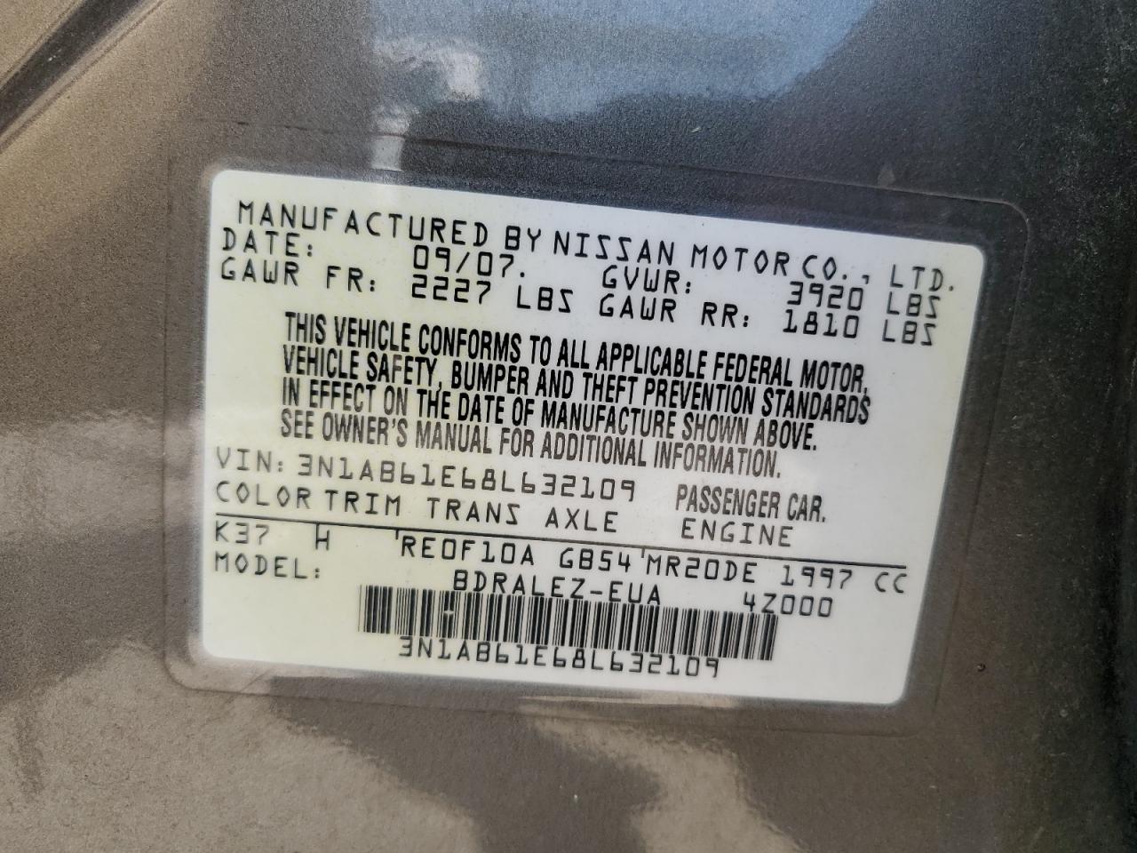 2008 Nissan Sentra 2.0 VIN: 3N1AB61E68L632109 Lot: 59298585