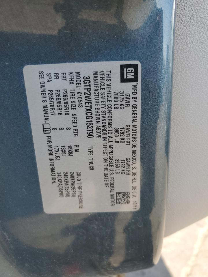 2012 GMC Sierra K1500 Slt VIN: 3GTP2WE7XCG152790 Lot: 62194455