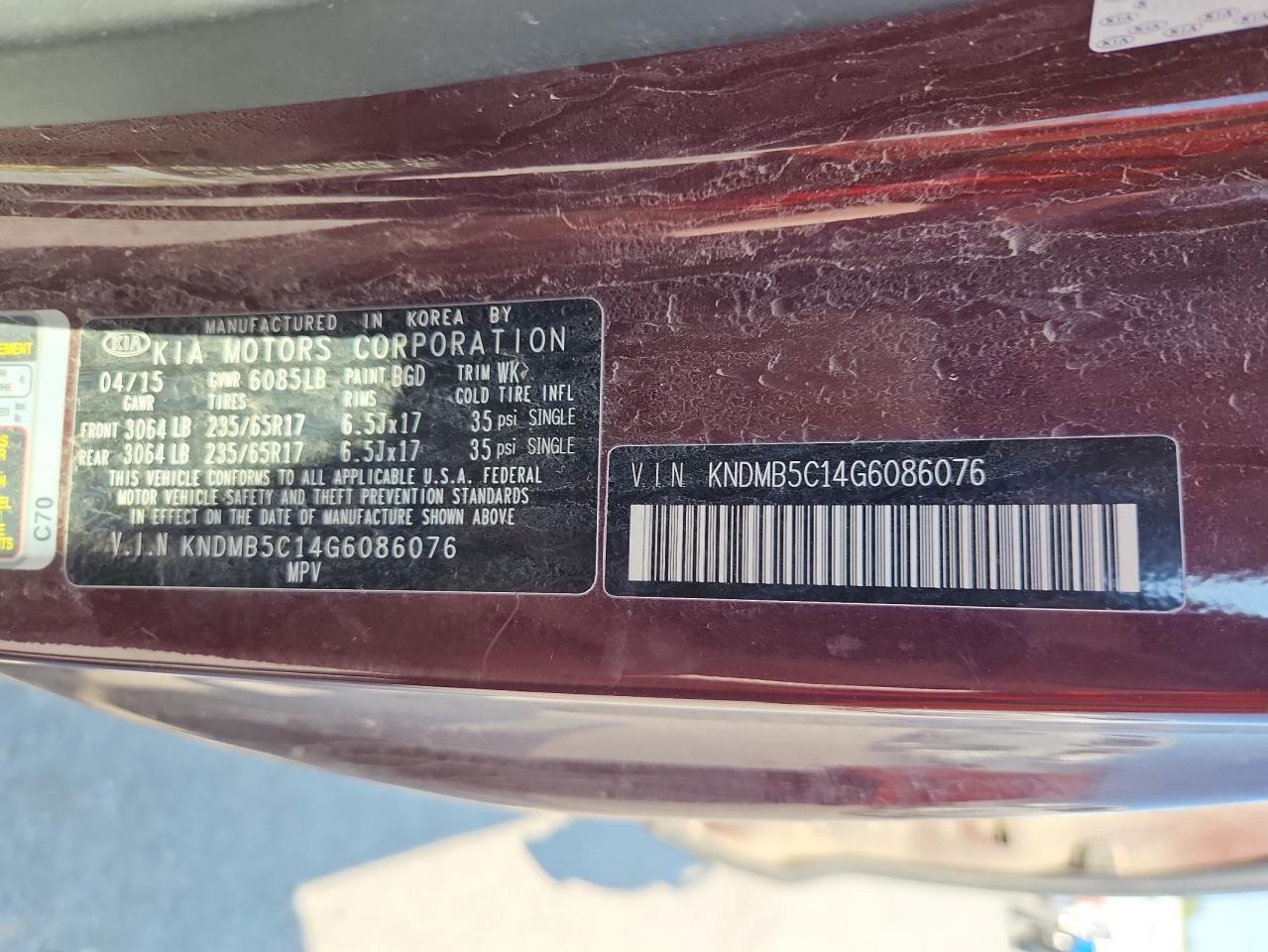 2016 Kia Sedona Lx VIN: KNDMB5C14G6086076 Lot: 59516475