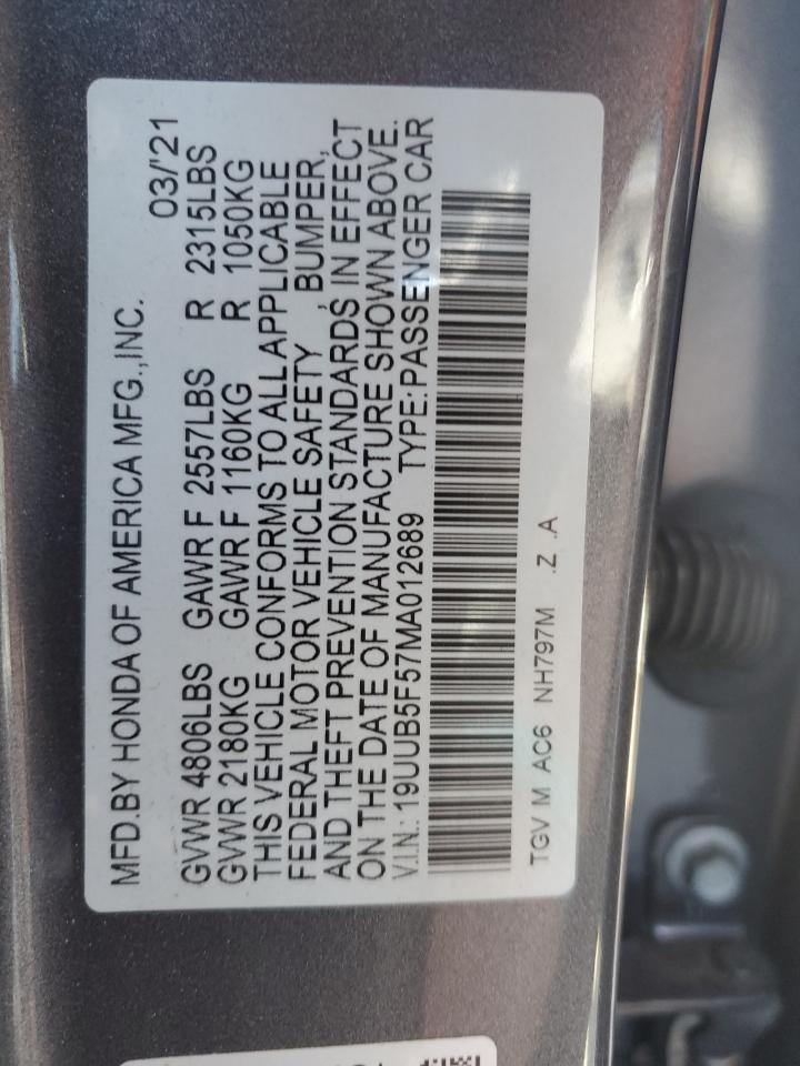 2021 Acura Tlx Tech A VIN: 19UUB5F57MA012689 Lot: 61997665