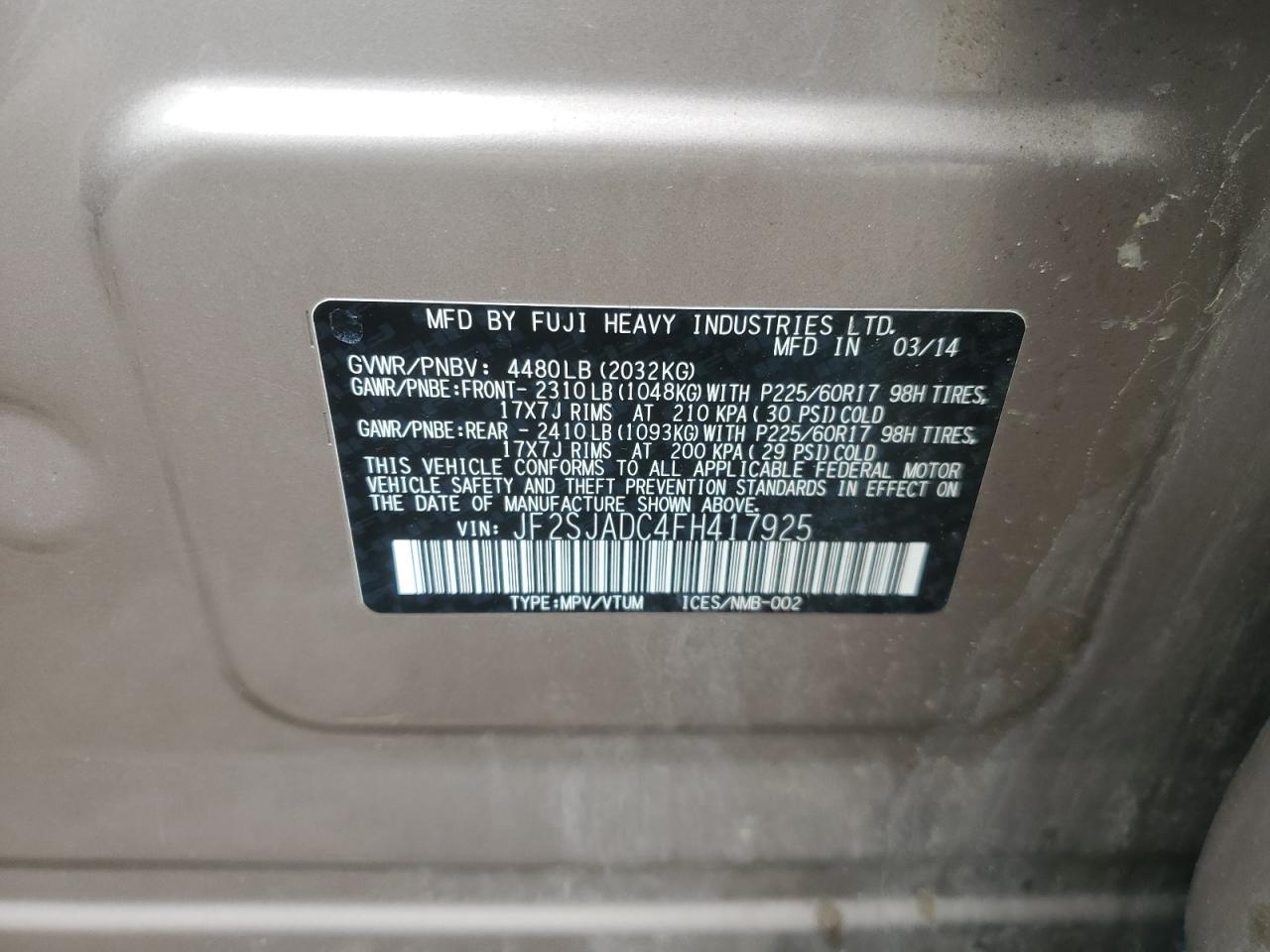 2015 Subaru Forester 2.5I Premium VIN: JF2SJADC4FH417925 Lot: 62520225