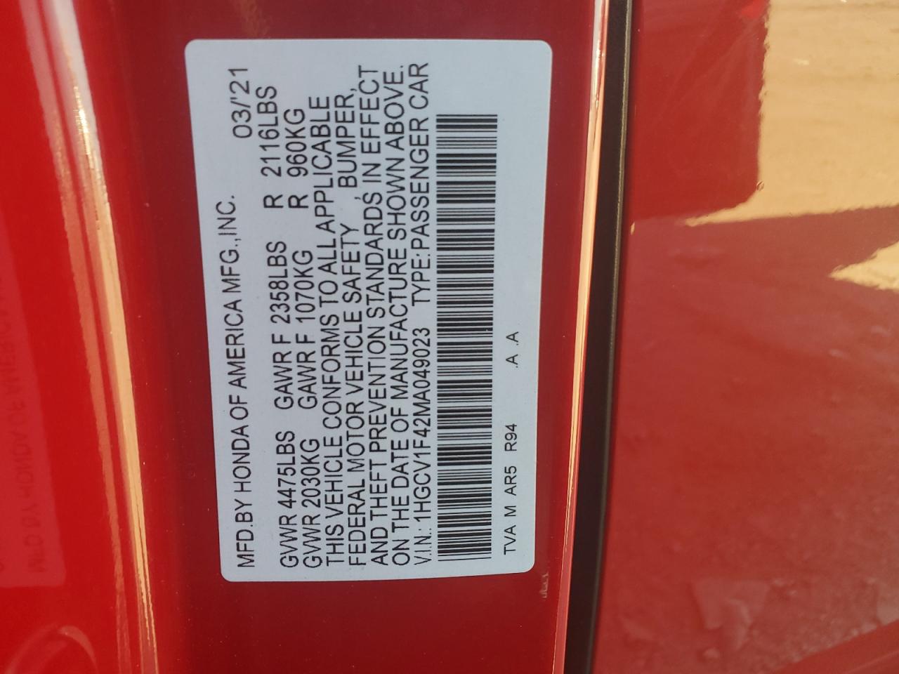 2021 Honda Accord Sport Se VIN: 1HGCV1F42MA049023 Lot: 61977185