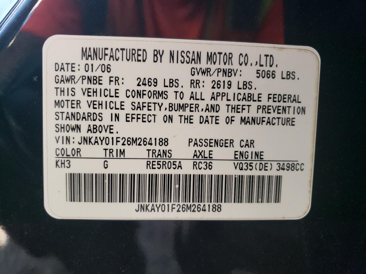 2006 Infiniti M35 Base VIN: JNKAY01F26M264188 Lot: 62501065
