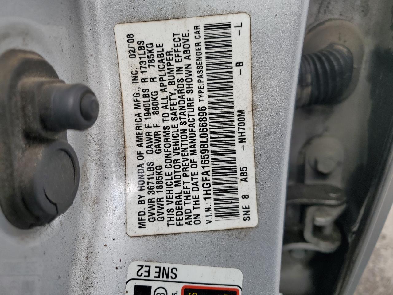 2008 Honda Civic Lx VIN: 1HGFA16598L066896 Lot: 59473665