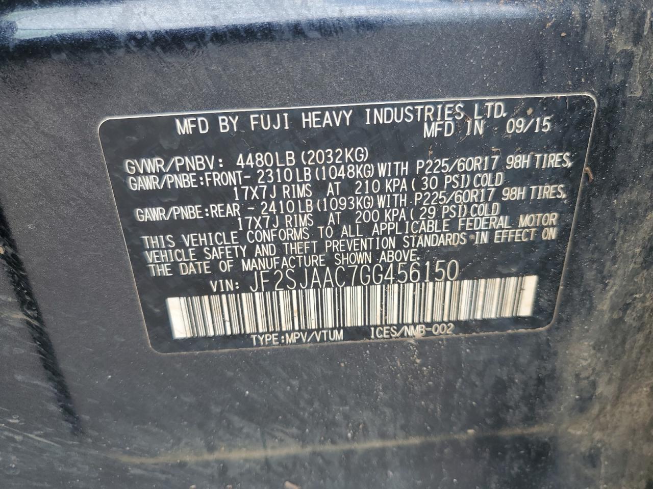 2016 Subaru Forester 2.5I VIN: JF2SJAAC7GG456150 Lot: 61499725