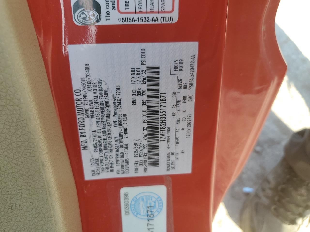 2006 Ford Mustang Gt VIN: 1ZVFT82H365171871 Lot: 61842215