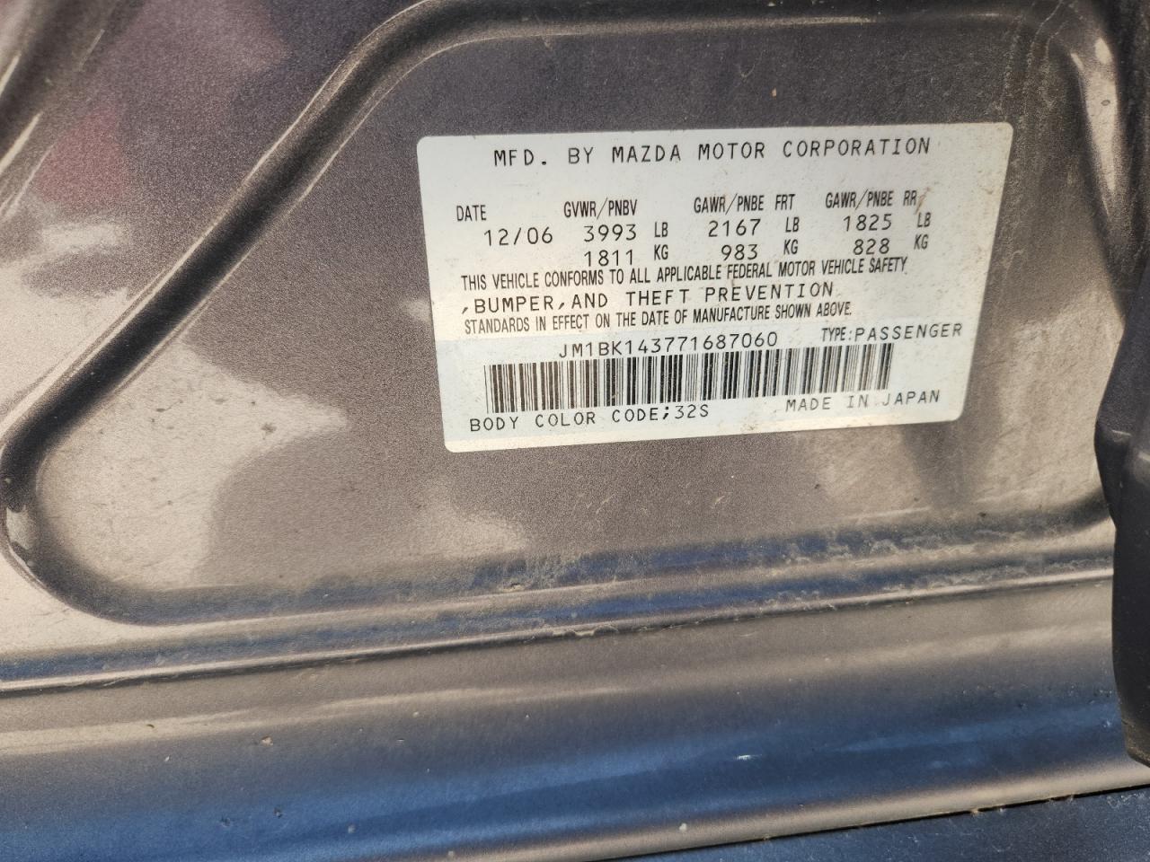 2007 Mazda 3 Hatchback VIN: JM1BK143771687060 Lot: 62446595