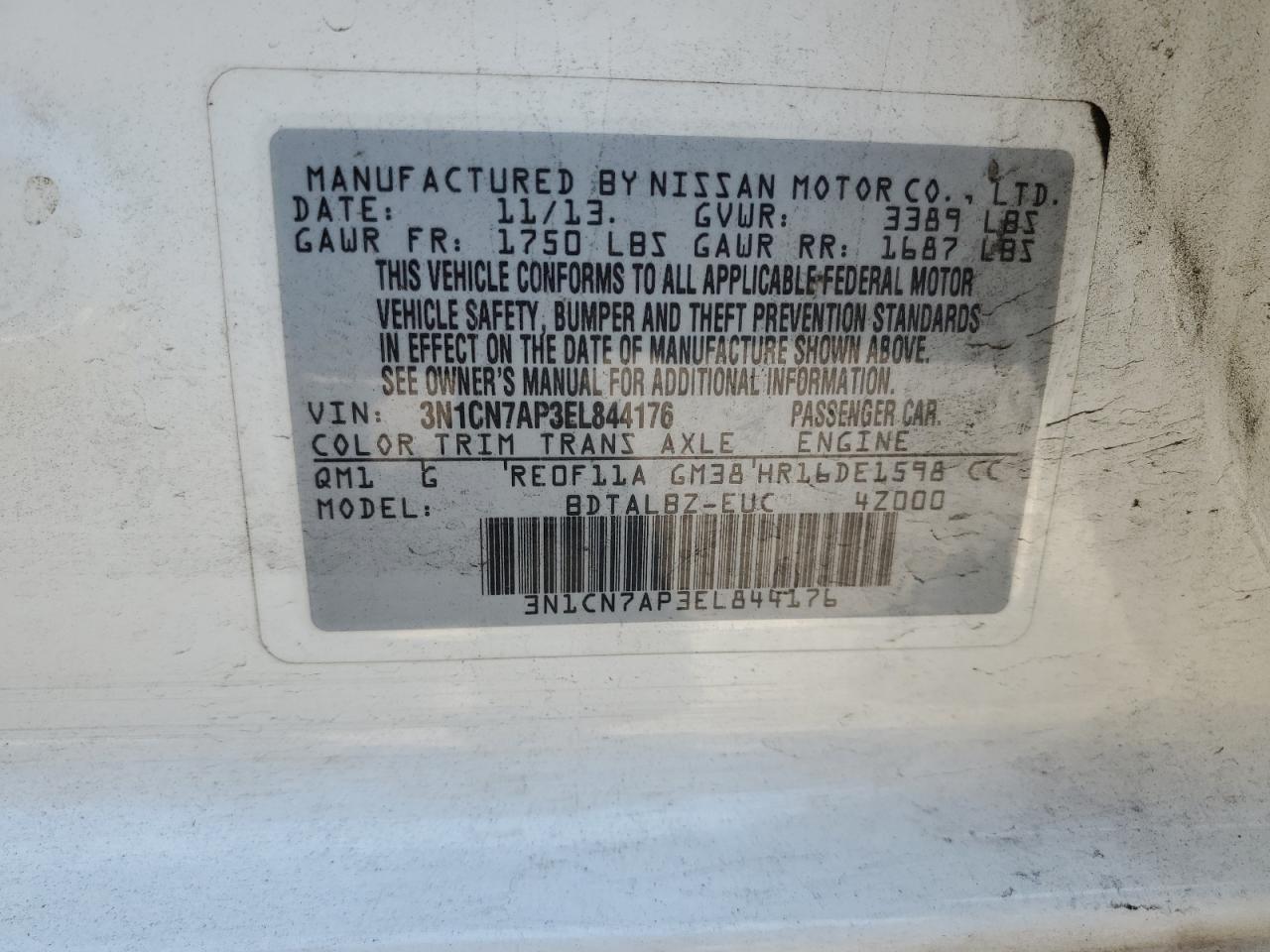 2014 Nissan Versa S VIN: 3N1CN7AP3EL844176 Lot: 62906315