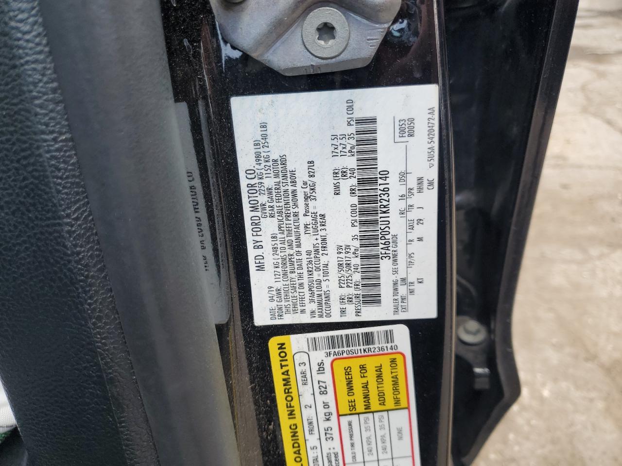 2019 Ford Fusion Titanium VIN: 3FA6P0SU1KR236140 Lot: 58621895