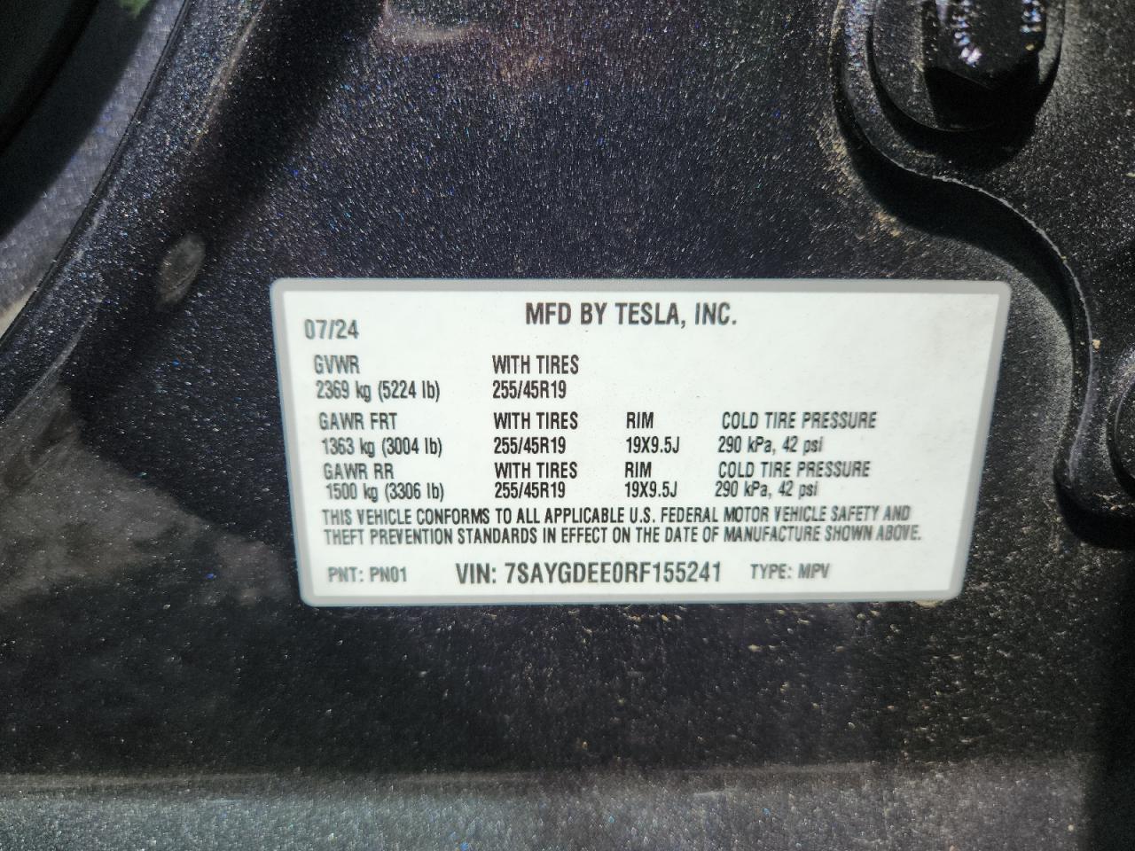 2024 Tesla Model Y VIN: 7SAYGDEE0RF155241 Lot: 62731345