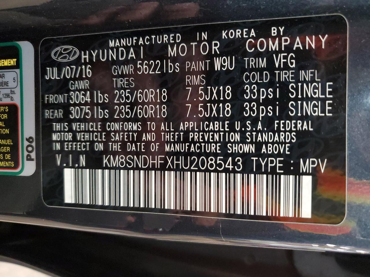 HYUNDAI SANTA FE 2017 VIN KM8SNDHFXHU208543 фото 14