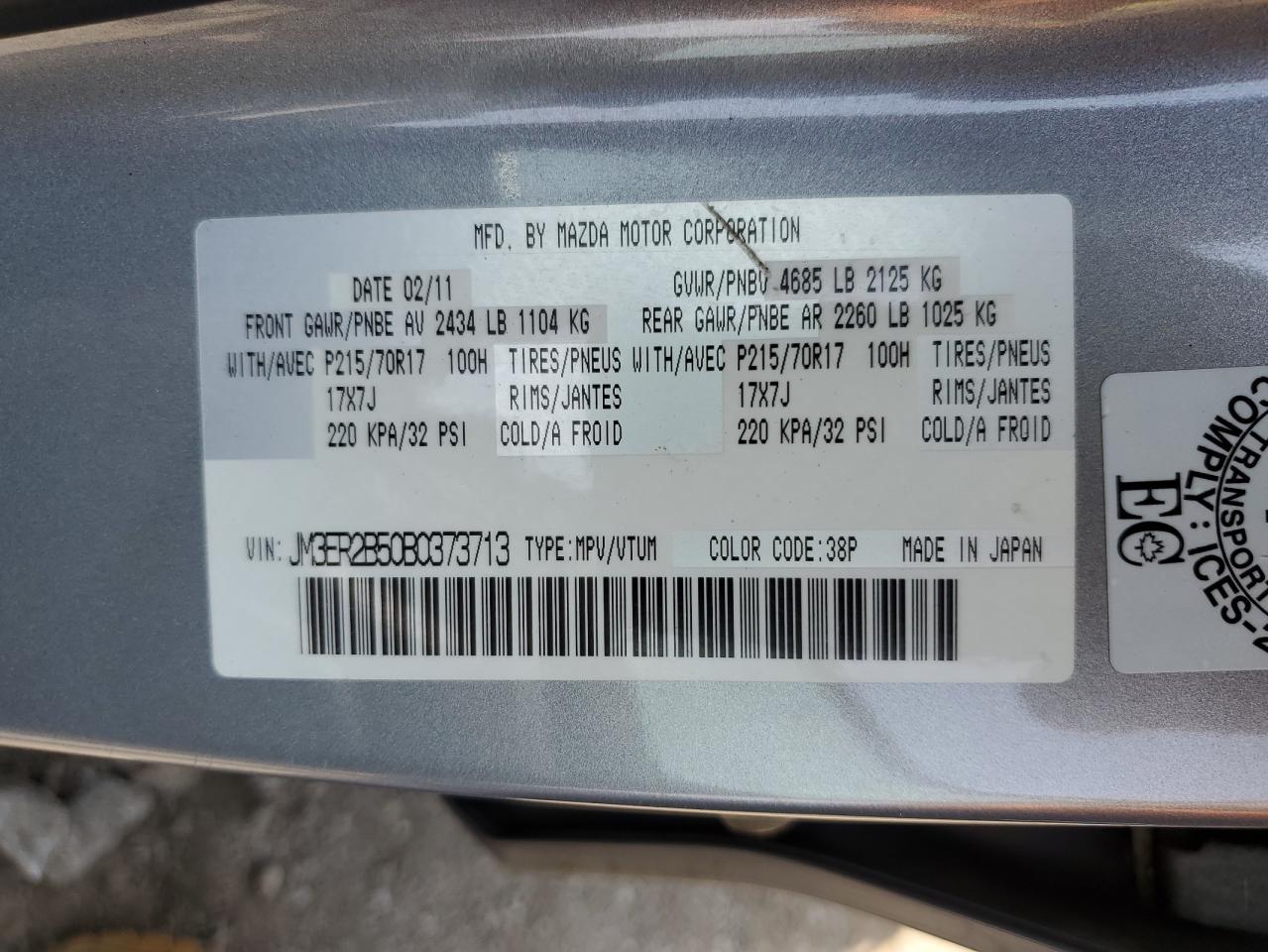 2011 Mazda Cx-7 VIN: JM3ER2B50B0373713 Lot: 61062855