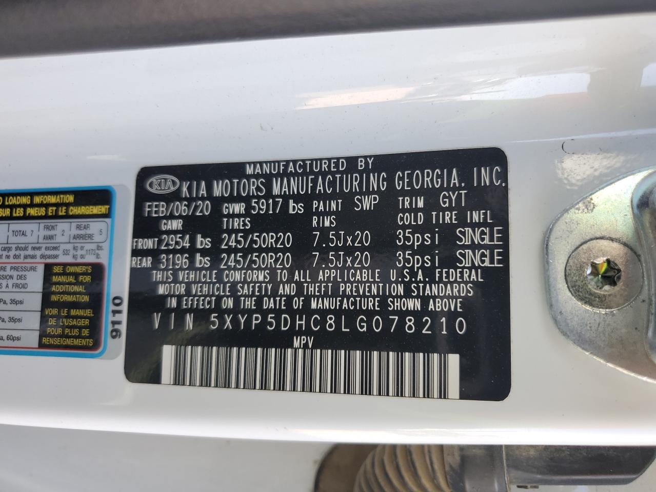 2020 Kia Telluride Sx VIN: 5XYP5DHC8LG078210 Lot: 58371445