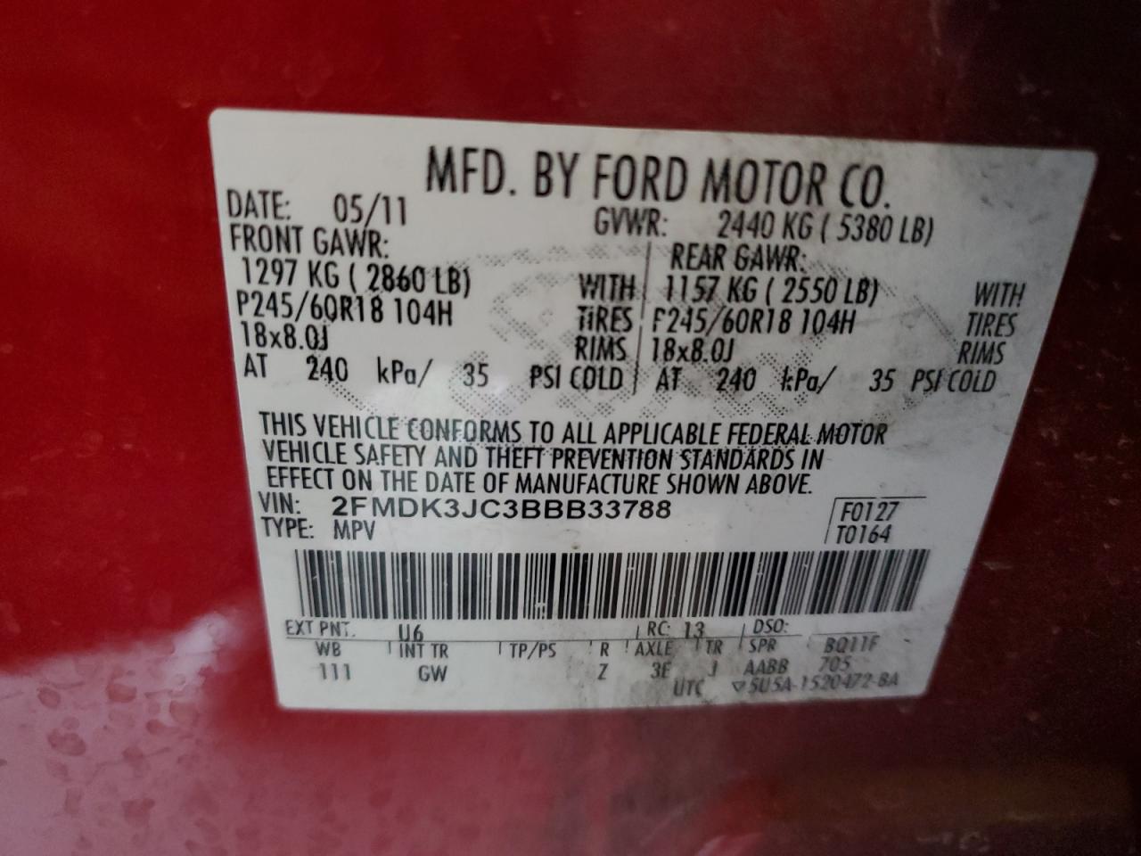 2011 Ford Edge Sel VIN: 2FMDK3JC3BBB33788 Lot: 62606105