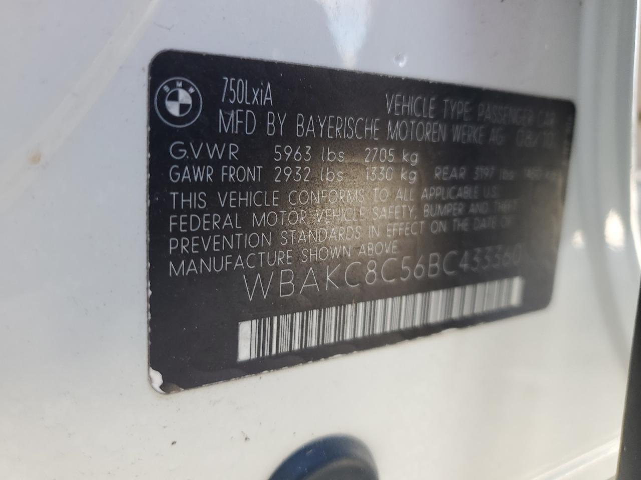 2011 BMW 750 Lxi VIN: WBAKC8C56BC433360 Lot: 61466675