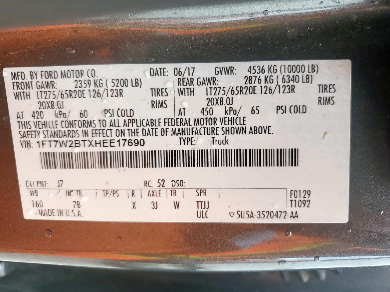 2017 Ford F250 Super Duty VIN: 1FT7W2BTXHEE17690 Lot: 62189965