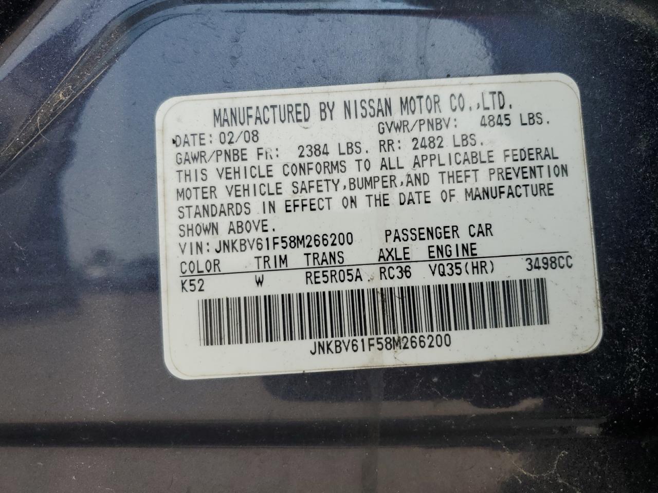 2008 Infiniti G35 VIN: JNKBV61F58M266200 Lot: 57725455