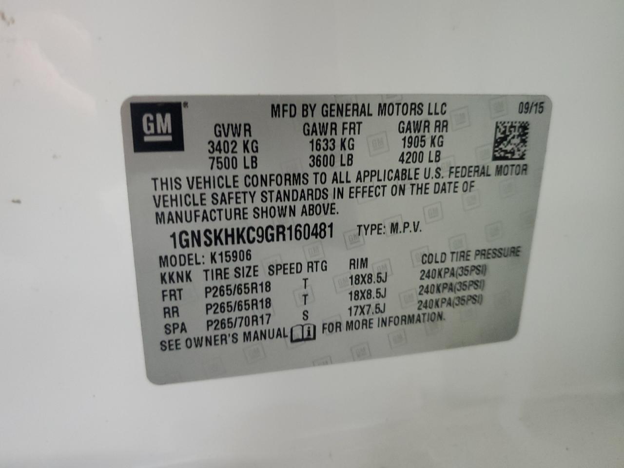 2016 Chevrolet Suburban K1500 Lt VIN: 1GNSKHKC9GR160481 Lot: 62809635