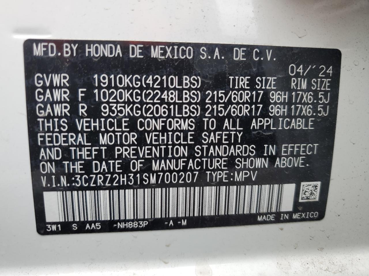 HONDA HR-V 2025 VIN 3CZRZ2H31SM700207 фото 13