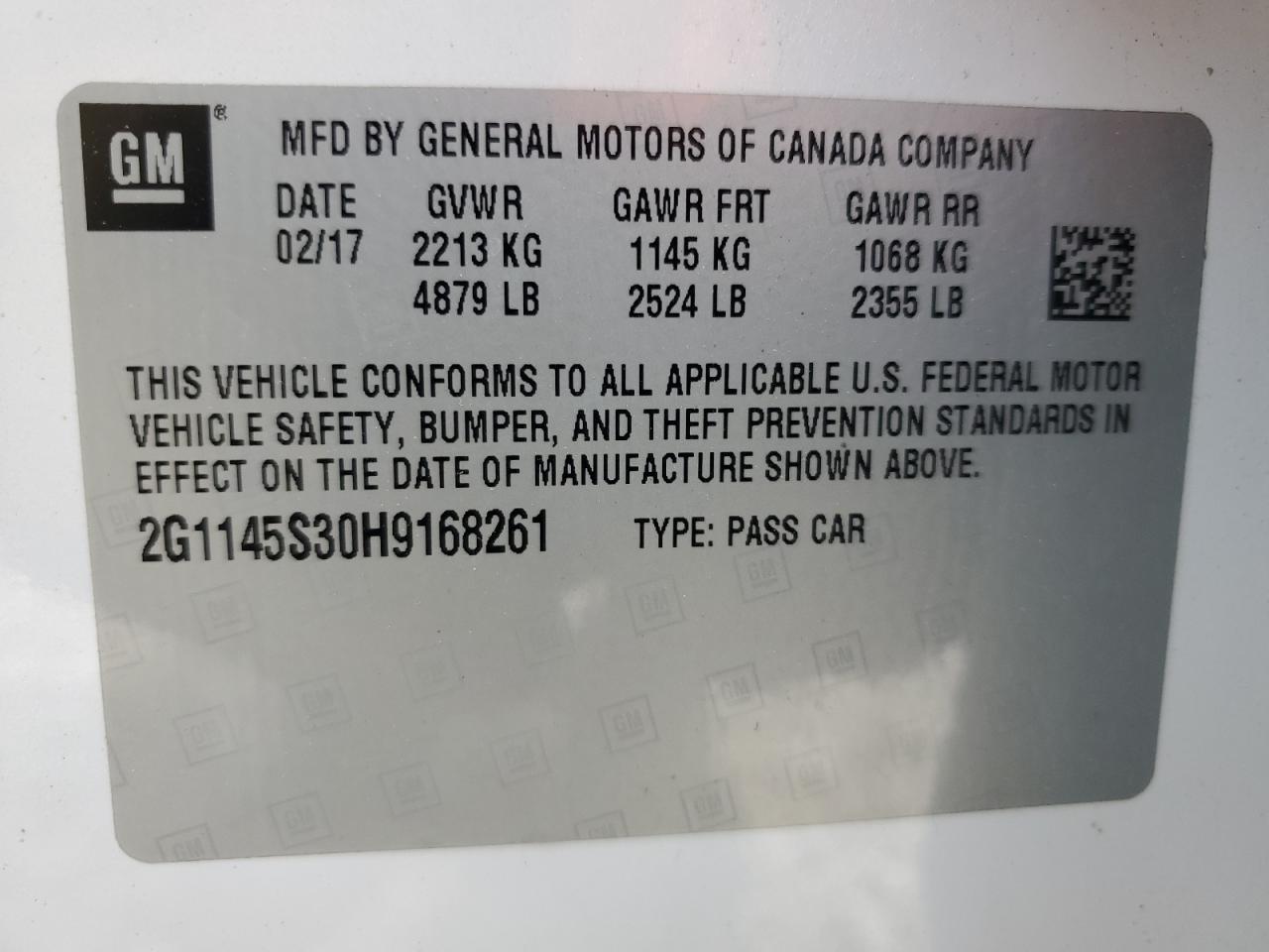 2017 Chevrolet Impala Premier VIN: 2G1145S30H9168261 Lot: 60318935