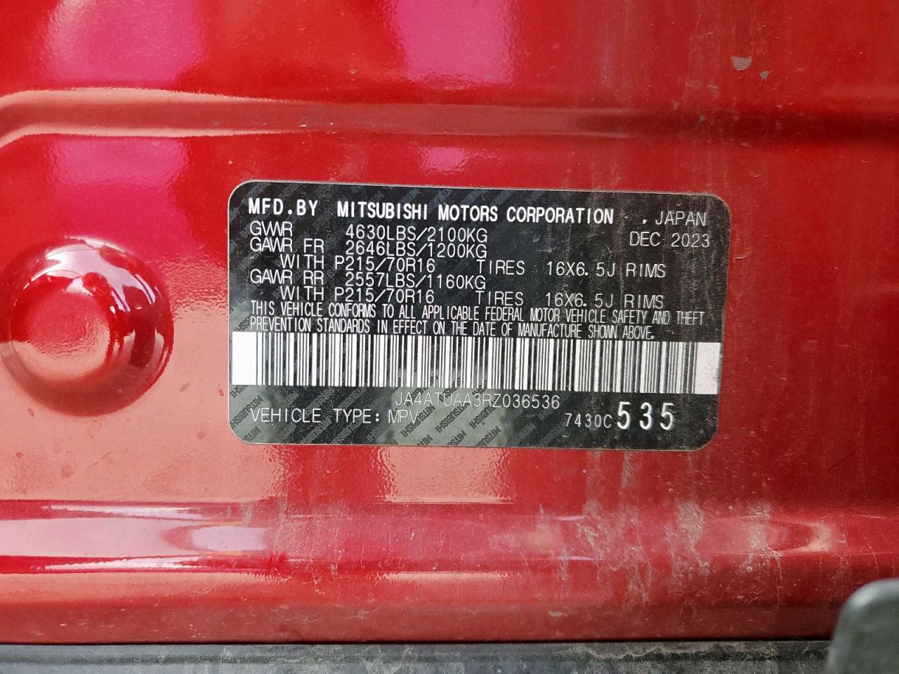 2024 Mitsubishi Eclipse Cross Es VIN: JA4ATUAA3RZ036536 Lot: 61653775