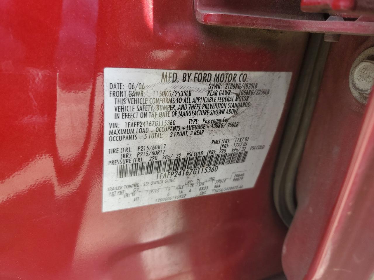 2007 Ford Five Hundred Sel VIN: 1FAFP24167G115360 Lot: 59932055