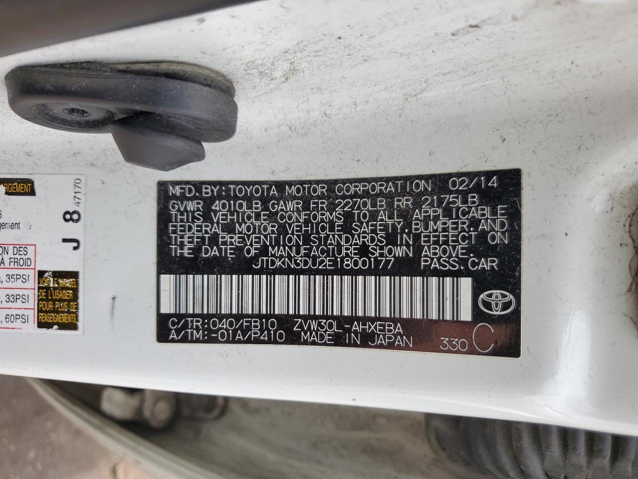 2014 Toyota Prius VIN: JTDKN3DU2E1800177 Lot: 59433145