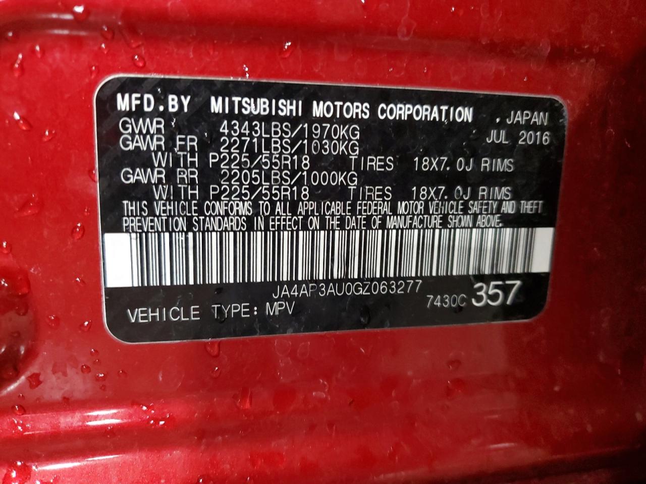 2016 Mitsubishi Outlander Sport Es VIN: JA4AP3AU0GZ063277 Lot: 61932675
